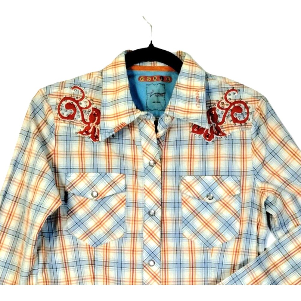 Shirt Women's L Pearl Snaps Long Sleeve  Plaid Flap Pockets Rockabilly Western